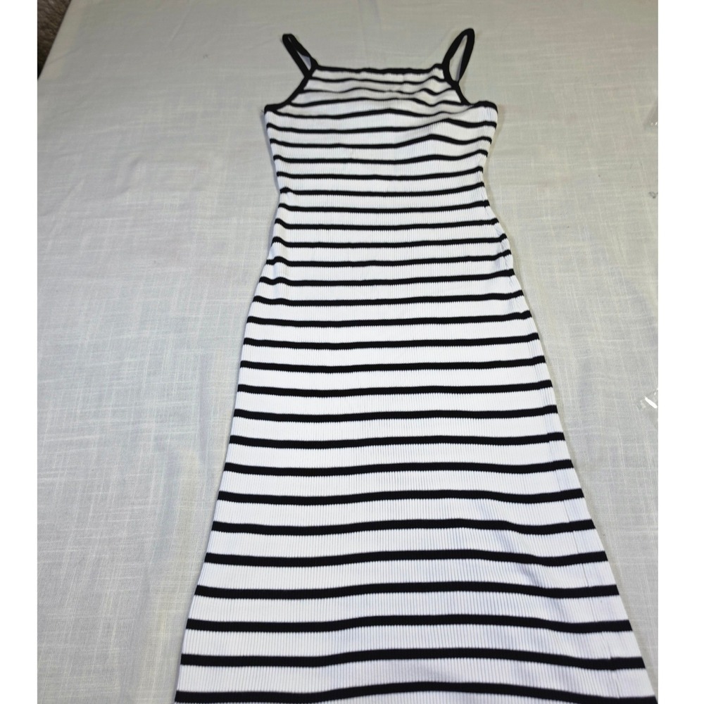 Freshman 1996 Girls Black White Striped Ribbed Knit Open Back Tie Dress Size S